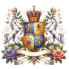 a coat of arms with two unicorns and flowers