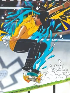 a person on a skateboard in the air with blue and yellow paint splatters