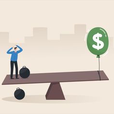 a man standing on top of a balance beam with a dollar sign in front of him