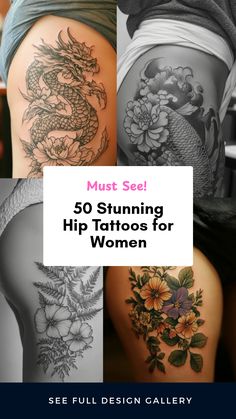 Explore 50 stylish and classy hip tattoo ideas for women accompanied by beautiful illustrations, inspiring designs, and creative floral and symbol examples. 50 %, Tattoos, Beauty