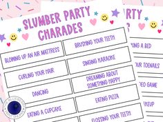 a printable slumber party charadess game with smiley faces and stars on it