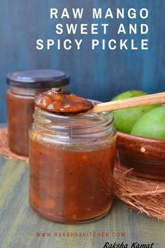 raw mango sweet and spicy pickle in a mason jar with two apples next to it