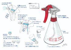 a drawing of a red and white sprayer with instructions on how to use it