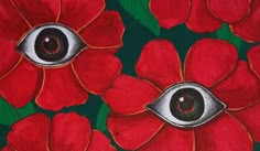 a painting of red flowers with an eye in the center