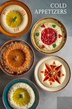 four different types of appetizers in bowls on a table with the words cold appetizers written above them