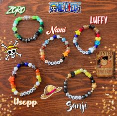 six different bracelets with the names of each character and their respective characters on them