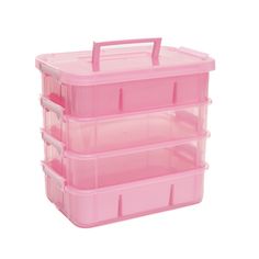 three pink plastic storage containers stacked on top of each other