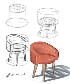 three different types of chairs and stools are shown in the drawing style, including one with