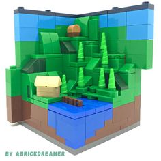 a large green and blue building made out of lego blocks with trees on the side