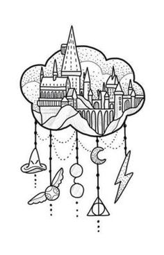 a black and white drawing of a castle in the sky with stars, clouds and other things