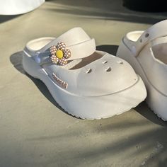 White Crocs clogs #clogs #cute “princess” on the side. Very comfy for around the house ! White Crocs, Crocs Clogs, Cute Princess, Women's Clogs, Womens Clogs, Clogs, White