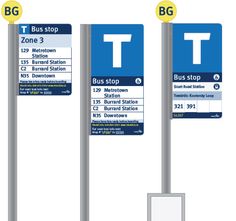 three blue and white street signs next to each other on metal poles with yellow lettering