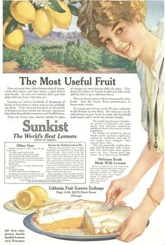 an advertisement for the most useful fruit from the world's best lemons, featuring a woman cutting a piece of cake