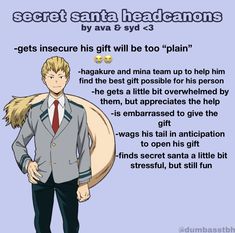 an anime character is standing with his hands on his hips and the caption reads, secret santa headcarons