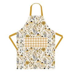 an apron with yellow and white flowers on it, the apron has a checkerboard pattern