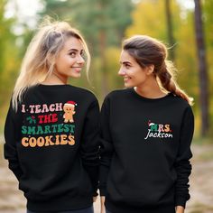 Custom Christmas Teacher Sweatshirt, I Teach The Smartest Cookies Sweater, Xmas Teacher Sweater, Christmas Teacher Sweatshirt, Xmas Gift Welcome to my shop , I'm so happy to see all you here. We are small business making handmade items and tee shirt come from United States All items are handprinted or handmade with love and care. We use the brand Gildan , they are almost the best quality material of this industry HOW TO PLACE YOUR ORDER * Choose your t-shirt color * Choose your size * Choose your design&text color * PLEASE make sure all your order's steps PRODUCT DESCRIPTION   Gildan 18000 --50% Cotton 50% Polyester --Medium-heavy fabric (8.0 oz/yd² (271.25 g/m --Loose fit --Sewn in label --Runs true to size     Ideal for any situation, a unisex heavy blend crewneck sweatshirt is pure comf Deer Sweatshirt, Smart Cookie, Teacher Christmas, Custom Christmas, Xmas Gifts, Sew-in Labels, Cut And Style, Ribbed Knit, Crew Neck Sweatshirt