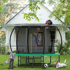 a man is playing basketball on a trampoline in the yard with two dogs