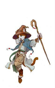 a drawing of a cat dressed as a wizard holding a staff and wearing a hat