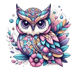 an owl with colorful feathers and flowers