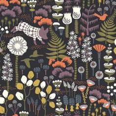 an image of a pattern with flowers and animals in the forest on a black background