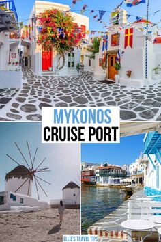 the collage shows many different types of houses and buildings in mykonos, greece