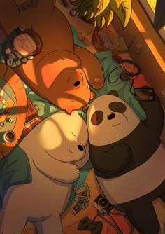 two cartoon pandas cuddling together in the middle of a room with other stuffed animals