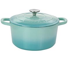 a blue casserole dish with a lid