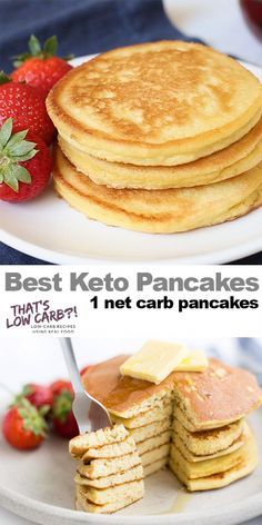 pancakes with butter and strawberries on the side are shown in this collage for breakfast