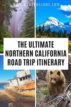 the ultimate northern california road trip itinerary with pictures of mountains, trees and boats