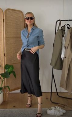 Summer Black Satin Skirt Outfit, Fall Outfits 2023 Modest, Black Silk Skirt Outfit Spring, Pleated Silk Skirt, Silk Skirt Spring Outfit, Silk Skirt Office Outfit, Navy Blue Slip Skirt Outfit, Long Slip Skirt Outfit