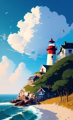 a painting of a lighthouse on top of a hill next to the ocean