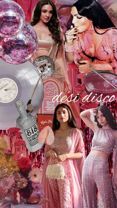 the collage shows two women dressed in pink and one is holding a silver record