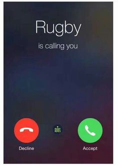 an image of a phone screen with the text rugby is calling you and two different buttons