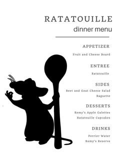 the menu for ratatoulie dinner is shown with an image of a mouse holding a