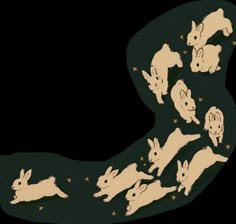 an image of rabbits in the shape of a crescent with gold stars on black background