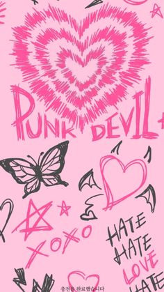 a pink poster with black and white writing in the shape of a heart on it