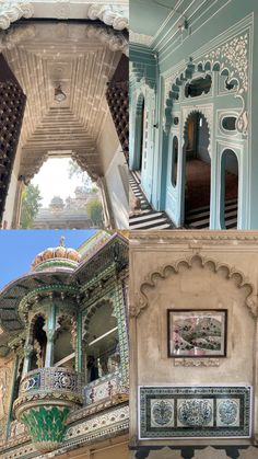 two pictures of the same building with different colors and designs on each side, one has a staircase leading up to the second floor