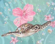 a painting of a sea turtle swimming in the ocean with pink flowers and bubbles around it