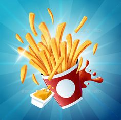 french fries with ketchup and mustard falling out of the box - food objects