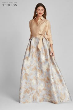 Taffeta Shirt Gown With Jacquard Floral Skirt – Terijon.com Shirt Gown, Elegant Shirt Dress, Grandmother Of The Bride, Organza Gowns, Teri Jon, Organza Skirt, Jacquard Shirt, Mother Of The Groom Dresses, Evening Party Gowns