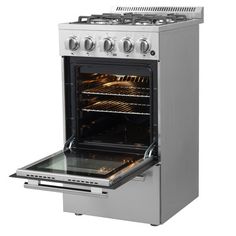 an oven with the door open and two burners on it's side, in front of a white background