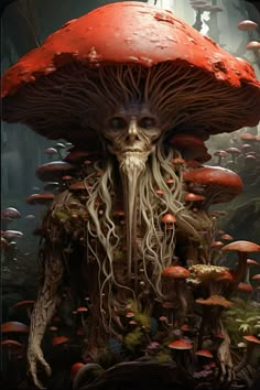 a man with long white hair standing in the middle of mushrooms