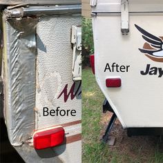 before and after photos of an old camper with paint chipping on the side