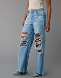 AE Dreamy Drape Stretch Super High-Waisted Baggy Wide-Leg Ripped Jean American Eagle Outfitters Jeans, Dream Clothes, Ripped Jean, Recycled Cotton, Colored Jeans, Wide Leg Jeans, American Eagle Outfitters, Womens Bottoms, American Eagle