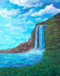 a painting of a waterfall in the middle of a forest with blue sky and clouds