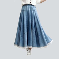 Introducing the 2023 Spring-Summer Collection's lace hem embroidered denim skirt ââ‚?the perfect embodiment of street vibe and fierce femininity!Why You'll Love ItThis skirt is sure to take your look to the next level! Its fit type and flare silhouette and high-waisted waist band offer a flattering fit and the lace hem adds a unique touch of sophistication that will make you stand out from the crowd. The intricate embroidery is a great way to show off your trend while the rubber closure ensures