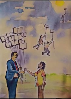 a drawing of two people holding onto kites with other people flying in the sky behind them