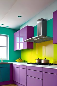 a kitchen with purple, green and yellow cabinets