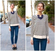 This is just too cute. Lovin' the striped shirt with the skinny jeans, but what pulls it into the cute zone is the awesome flower design necklace. It's the Necklace! Flower Statement Necklace, Office Black, Striped Sweater, Massimo Dutti, Stripe Sweater, Striped Shirt, Flower Designs