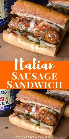 italian sausage sandwich cut in half and stacked on top of each other